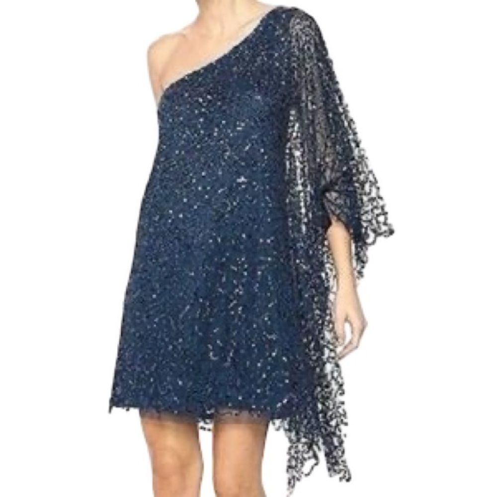 Adrianna Papell Size XL Deep Blue Beaded Short Kaftan One Sleeve Dress NWT